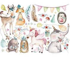 WandSticker4U®- XL Aquarell Wandtattoo WALDTIERE Kinder I Wandbilder: 112x76 cm I Kinderzimmer Aufkleber Tiere Elefant Fuchs Reh Einhorn Blumen I Wand Deko für Babyzimmer Baby Mädchen
