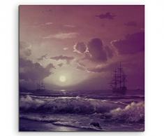 80x80cm Wandbild Fotoleinwand Bild in Mauve Ölgemälde Sonnenuntergang Segelschiff
