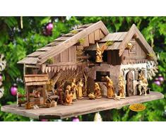 Weihnachtskrippe-Krippenstall + Deko KA70-du-MFHO-ALP Weihnachtskrippen Krippenställe,Krippenstall Massivholz DUNKELBRAUN - mit großen 13 x PREMIUM-Krippenfiguren in GEBEIZT
