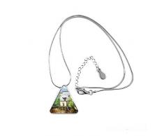 DIYthinker Chinesische Ölgemälde Traditionelle Architektur Gebäude Mädchen Baum Fluss China Illustration Muster Dreieck-Form Halskette Schmuck mit Kette Dekoration Geschenk