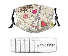 SUGARHE Gesichtsbedeckung,Eiffelturm Romantik Liebe Kunstdruck,Sturmhaube Unisex Wiederverwendbar Winddicht Staubschutz Mund Bandanas Outdoor Camping Motorrad Running Neck Gamasche Mit 6 Filtern
