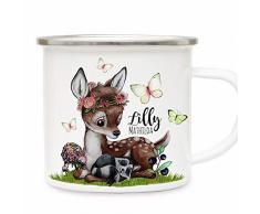 ilka parey wandtattoo-welt Emaille Becher Camping Tasse Motiv REH Waschenbär Blaubeeren Schmetterlinge & Wunschname Name Kaffeetasse Geschenk eb491 - ausgewählte Farbe: *silberner Becherrand*
