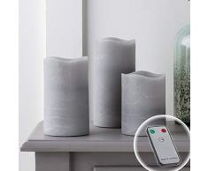 Lights4fun 3er Set warmweiße LED Echtwachs Kerzen grau Timer mit Fernbedienung