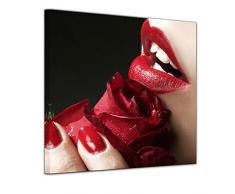 Wandbild - Smell and Beauty - Bild auf Leinwand 40 x 40 cm - Leinwandbilder Bilder als Leinwanddruck Akt & Erotik Rose und roter Mund