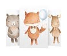 Wandbilder 3er Set für Baby & Kinderzimmer Deko Poster Bär Fuchs Hirsch | Kunstdruck DIN A4 ohne Rahmen und Dekoration (Luftballon, Bär, Fuchs, Hirsch)