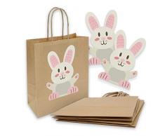 5x itenga Papiertragetaschen + Aufkleber Osterhase Oster-Geschenktüten mit Kordel 18x8x22cm 90g braun Kraftpapiertüten Kraftpapierbeutel mit Griff mittlere Größe - Geschenktaschen Ostern