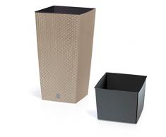 Prosperplast Rattan Blumentopf 26,6 L Mocca Übertopf Innen Außen mit Innenkasten wetterfest, beige, 26,5 x 26,5 x 50 cm, DRTS265-7529U