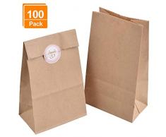 100 Geschenktüten, 9 x 16 x 5 cm 70 gr./m² Braune Papiertüten Tütchen Papier-Beutel Kraftpapier Tüten mit 100 Stück Danke Sticker, Ideal für Geschenk-verpackung Brote Keks verpacken Ostertüten