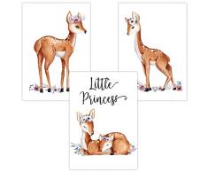 Wandbilder 3er Set für Baby & Kinderzimmer Deko Poster Little Princess Rehkitz | Kunstdruck DIN A4 ohne Rahmen und Dekoration (Little Princess Rehkitz/Mädchen)