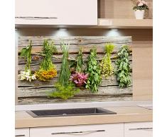 GRAZDesign Küchenrückwand Glas Kräuter Küchenkräuter und Blumen - Spritzschutz Küche Herd - Glasrückwand als Glasbild - Holzoptik Holz / 60x60cm