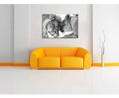 Bezauberndes kuschelndes Löwenpaar schwarz/weiß Format: 120x80 auf Leinwand, XXL riesige Bilder fertig gerahmt mit Keilrahmen, Kunstdruck auf Wandbild mit Rahmen, günstiger als Gemälde oder Ölbild, kein Poster oder Plakat