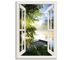 Artland Leinwandbild Wandbild Bild auf Leinwand 70x100 cm Wanddeko Fensterblick Fenster Landschaft Wald Natur See Angelsteg Sonne Frühling T1JK