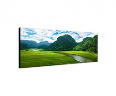 Panoramabild auf Leinwand und Keilrahmen 150x50cm Vietnam Reisfeld berge Fluss Boote Wolken
