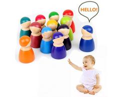 Mikiya 12 Stück Holzfiguren Familie Holz Figurenkegel Bunt Peg Dolls Klein Baby Spielzeug, Sichere und Ungiftige Farbe