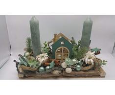 Weihnachtsgesteck Adventsgesteck Windlicht Kerzen Häuschen Geschenke Kugeln