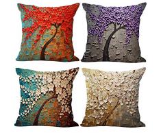 JOTOM Baumwolle Leinen Ölgemälde Große Baum und Blume Kissenbezüge Abdeckung Blume Kissenbezug für Zuhause Dekorative Couch Sofa 45x45 cm, 4er Set (Ölgemälde Baum und Blume)