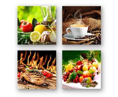 Küchen Bilder Set C schwebend, 4-teiliges Bilder-Set jedes Teil 29x29cm, Seidenmatte Optik auf Forex, moderne Optik, UV-stabil, wasserfest, Kunstdruck für Büro, Wohnzimmer, Deko Bild, Kaffee Obst Wein