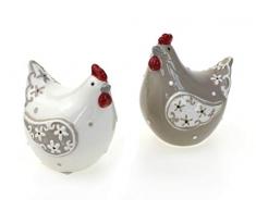 2 x Deko Figur Henne sitzend im Set 9 cm, aus Keramik weiß braun rot, Dekofigur Huhn Hühner für Frühling Sommer Ostern Osterdeko