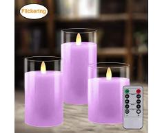 LED Kerzen 3er Pack, Flammenlose Kerzen, Flackernde Kerzen, Batteriebetriebene Kerze Echtwachs Stumpenkerze mit Zeitschaltuhr Fernbedienung für Haus Dekoration Hochzeit Deko, 10cm/12,5cm/15cm (Lila)