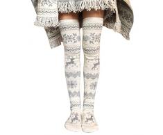 Byilx Damen Weihnachtsstrümpfe, verdickt, Oberschenkel hoch über Knie, Lange Schneeflocken, Elchmuster