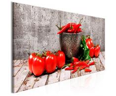 decomonkey | Bilder Küche Gemüse 120x40 cm | 1 Teilig | Leinwandbilder | Bild auf Leinwand | Vlies | Wandbild | Kunstdruck | Wanddeko | Wand | Wohnzimmer | Wanddekoration | Deko | Paprika Tomate rot Holz Brett beige Mauer grau