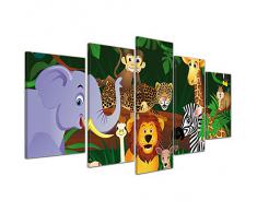 Kunstdruck - Kinderbild Wilde Tiere im Dschungel Cartoon - Bild auf Leinwand - 100x50 cm 5 teilig - Leinwandbilder - Bilder als Leinwanddruck - Wandbild von Bilderdepot24 - Kinder - Regenwald - Urwald - abenteuerlich