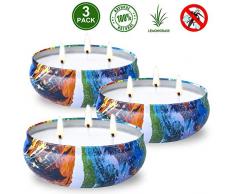 OFUN Anti Mücken Citronella Kerze Set Outdoor Indoor 3 Stücke, 3 Dochte 100% Sojawachs Zitronell Kerzen mückenkerze für Garten, Camping, Reise, Picknick, Geschenk, Ölgemälde Stil Dose & 70Std.