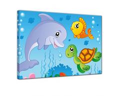 Wandbild - Kinderbild Unterwasser Tiere III - Bild auf Leinwand - 40x30 cm einteilig - Leinwandbilder - Kinder - Delfin, Schildkröte und Fisch