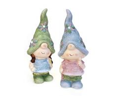Deko Figur Gartenfigur Wichtel Mädchen Junge im Set je 19 cm, Polystein pastell Wetterfest, Gartendeko Gartenzwerg Schlafmützen-Wichtel stehend