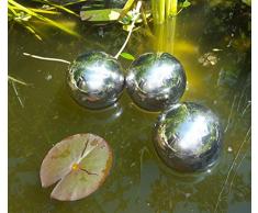 Nostalgic Garden 3 x Dekokugel Gartenkugel Set Silber rostfrei Edelstahl + 1 x Holzherz grau (2)