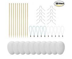 50 Deko-Eier Ostern [6 cm, Kunststoff] + 50 Aufhänger für Ostereier + 10 Schaschlik-Spieße fürs Marmorierenzum oder malen, Osterdekoration