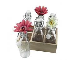 6er Set Glasflaschen / Bügelflaschen im Holz Tablett (z.B. als Vase für Tischdekoration, Gastronomie uvm)