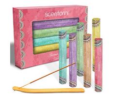 SCENTORINI Räucherstäbchen Set 120 Stock, Duft von Lavendel, Vanille, Amber Moschus, Regenwald, Kokosnusshain, Opium, 6 Packungen je 20 Räucherstäbchen, inklusive 1 Räucherstäbchen Halter