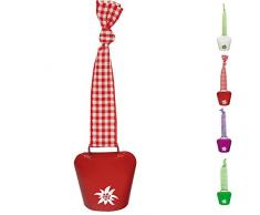 ebos Kuhglocke ✓ mit Karoband ✓ Größe 3 ✓ Motiv Edelweiß | Schelle | Glocke | optimal als Schlüsselanhänger oder Taschenschmuck anwendbar | Allgäu- und Bavariasouvenir (Rot)