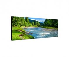 Panoramabild auf Leinwand und Keilrahmen 150x50cm Landschaft Wald Wiese Fluss Himmel