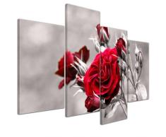 Kunstdruck - Rosenrot - Bild auf Leinwand - 120x80 cm 4 teilig - Leinwandbilder - Bilder als Leinwanddruck - Wandbild von Bilderdepot24 - Pflanzen & Blumen - Natur - Rosenstrauch vor schwarz weißem Hintergrund