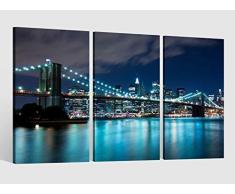 Leinwandbild 3 tlg Skyline Brooklyn Bridge Manhattan New York Bild Bilder Leinwand Leinwandbilder Holz Wandbild mehrteilig Kunstdruck fertig gerahmt 9AB508, 3 tlg BxH:120x80cm (3Stk 40x 80cm)