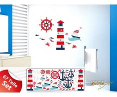 GRAZDesign Wandsticker Set Badezimmer, Maritim Leuchtturm Anker Schiffe Steuerrad Fische