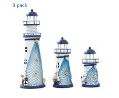 Deko Mittelmeer Style Leuchtturm Windlichthalter Vintage Eisen Leuchtturm Form mit Vogel LED Dekorative Kerzenlaternen Kerzenständer Nautische Maritime Deko (Blau)