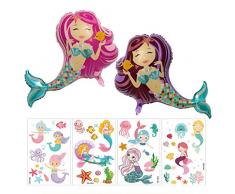 Feelairy 2 stück Meerjungfrau Luftballon Folienballon Tiere Helium Folie Ballons mit 4 Pcs Mermaid Tattoos Mitgebsel für Kinder Geburtstag Party Lieferungen Meerjungfrau Deko Spielzeug