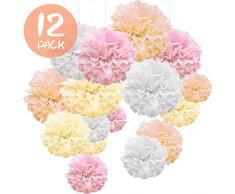 WEARXI Hochzeitsdeko 12er Seidenpapier Pompons - Hochzeit Deko Taufe Mädchen Bunt Pompoms Dekoration für Geburtstag, Party, Kommunion, Valentinstag (Weiß Altrosa Champagne Aprikose)