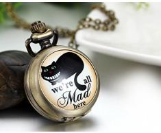 JewelryWe Herren Damen Taschenuhr, Were All mad here Schwarze grinsende Katze Uhr Anhänger Analog Quarz Kettenuhr Pullover Halskette Kette