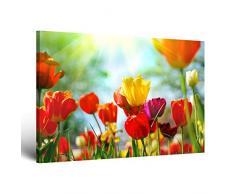 ge-Bildet® Leinwandbild Frühlings Tulpen Wiese Blumen Bunt Natur - 70x50 cm - leinwandbilder einteilig - direkt vom Hersteller aus Deutschland - Made in Germany