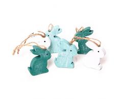 6 Stück kleine weiß TÜRKIS HELLBLAUE Osterhasen 6 cm zum Aufhängen Holzhasen Osterdekoration Osterhänger als Geschenkanhänger give-away - Oster Dekoration zum Hängen oder Osternest verzieren