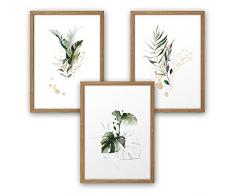 3-teiliges Premium Poster-Set | Kunstdruck | Botanik grün | Blätter | Deko Bild für Ihre Wand | optional mit Rahmen | Wohnzimmer Schlafzimmer Modern Fine Art | DIN A4 / A3 (A4, natur Rahmen)