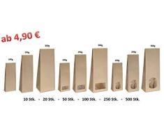 Blockbodenbeutel mit/ohne Sichtfenster - 100g/250g/500g - Größe 7 x 4 x20,5 cm - Papiertüten Bodenbeutel Geschenktüte Papierbeutel Tütchen Kraftpapier (100g – mit Sichtfenster, 50 Stk. - OPP)