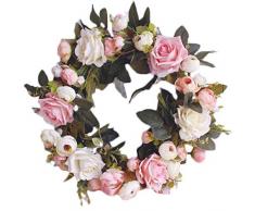 Pauwer Deko Kranz Wandkranz Handgefertigt Kranz Für Outdoor Türkranz Rose Rebe Blumenkranz Künstliche Dekorative Landschaftsbau Kranz (Pinke Rose, Durchmesser 35cm)
