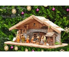 XL Weihnachtskrippe + Zubehör, Ausführung: massiv Vollholz Massivholz groß KOMPLETT mit Figuren UND Beleuchtungsset LED Laterne mit Lämpchen + Anschlussleiste + K70MFTL