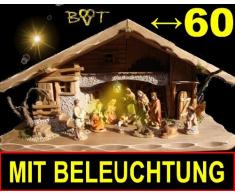 Exklusive Weihnachtskrippe + Zubehör, 60 cm Länge breit & massiv, Vollholz Massivholz mit hochwertigen PREMIUM FIGUREN , Krippe KOMPLETT mit Figuren und Beleuchtung (LICHT KOMPLETT MIT BELEUCHTUNGSSET: Trafo Kabel 5er-Anschlussleiste