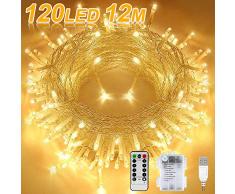 Lichterkette Batterie,12M 120 LED USB Lichterkette mit Fernbedienung und Timer 8 Modi Dimmbar Batterie betrieben Lichterkette Außen Innen für Zimmer Weihnachten Weihnachtsbaum Party-Warmweiß
